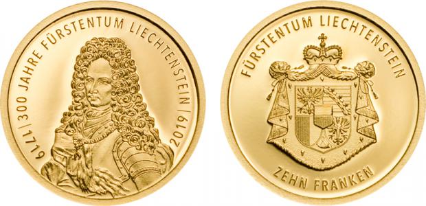 300 Years of Liechtenstein. 10 Franken 2019. Gold Proof